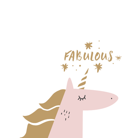 Cute hand drawn unicorn nursery art. Pastel colors. Good for girl prints, birthday invitations, cards. Postcard with magical pony. Vector, clip art. Fairy tale theme, doodle styleのイラスト素材