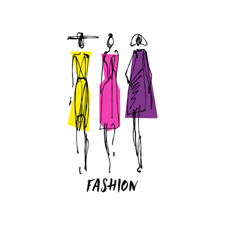 Fashion models hand drawn sketch, stylized ink silhouettes isolated on white background. Vector illustrationsのイラスト素材