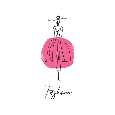 Woman with hat. Fashion model hand drawn sketch, stylized ink silhouette isolated on white background. Vector illustrationのイラスト素材