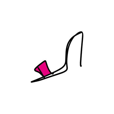 Hand drawn beautiful pink leather woman shoe with high heel. Fashion illustration isolated on white background, girl sketch, shopping label or shoestore logotypeのイラスト素材