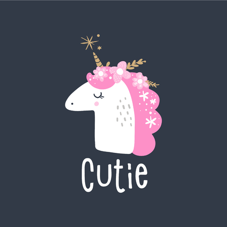 Cute hand drawn unicorn nursery art. Pastel colors. Good for girl prints, birthday invitations, cards. Postcard with magical pony. Vector, clip art. Fairy tale theme, doodle styleのイラスト素材