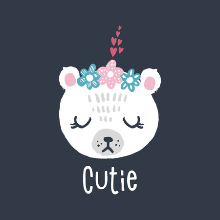 Vector cute scandinavian girl polar bear art. Isolated face, white fur, nice little animal. Baby shower postcardのイラスト素材