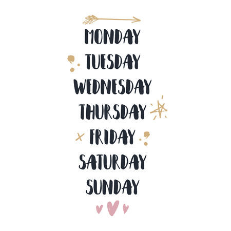 Vector handwritten style font week days signs set. Stickers for planner and other. Clipart. Isolated.のイラスト素材