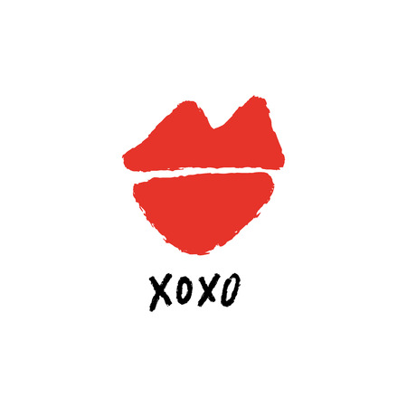 Vector hand drawn lips symbol, logo element template. Simple minimal lines style. Red color makeup, brush strokes. Hugs and kisses handwritten text. Good for postard, poster, greeting cardのイラスト素材