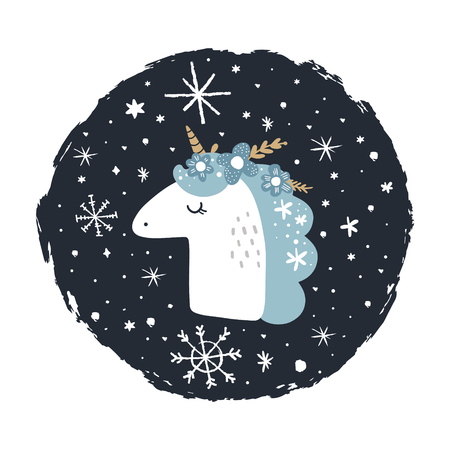 Cute hand drawn unicorn nursery art. Christmas and New Year theme. Postcard with magical pony. Vector, clip art. Fairy tale theme, doodle styleのイラスト素材