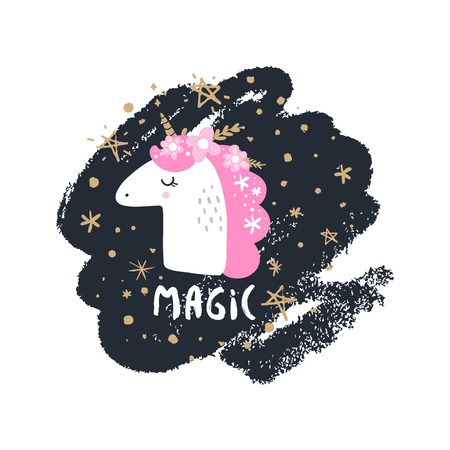Cute hand drawn unicorn nursery art. Pastel colors. Good for girl prints, birthday invitations, cards. Postcard with magical pony. Vector, clip art. Fairy tale theme, doodle styleのイラスト素材