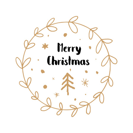 Merry Christmas, hand drawn lettering style font. Golden floral frame template. Stars set and tree for design greeting cards and posters, photo overlays, prints and more. Hand drawn elementsのイラスト素材
