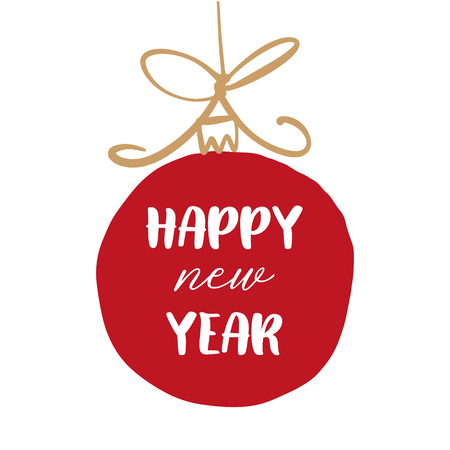 Hand drawn vector New Year lettering card, illustration of toy ball. Simple scandinavian styleのイラスト素材