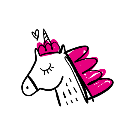 Cute vector illustration of little unicorn pony head. Fast sketch.のイラスト素材