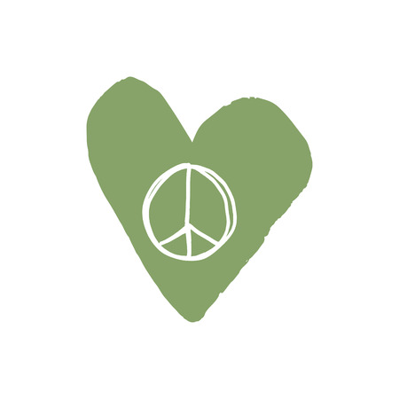 Peace symbol vector icon and green heart. Brush ink sketch art illustration.のイラスト素材