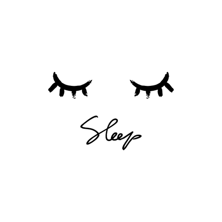 Vector phrase Sleep and eyes. Lettering on white background. Ink modern brush calligraphy. Isolated and editable. Composition for your design. Good for t-shirts, notebooks, posters and social media post.のイラスト素材