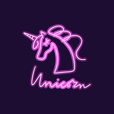 Colourful pink neon light glowing unicorn. Vector illustration. Good for social media post and more.のイラスト素材
