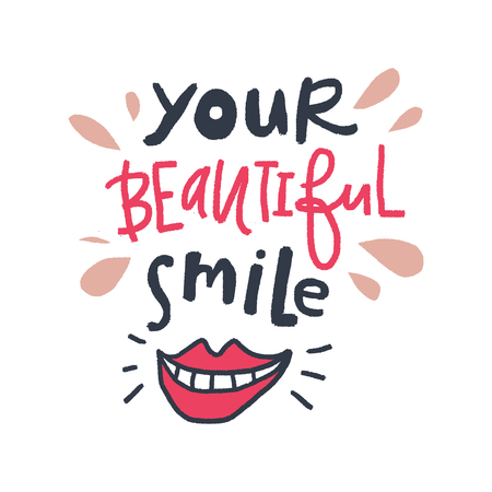 Cute cartoon humor dental hand drawn postcard, lips symbol, doodle art. Good for design dentist cabinet.のイラスト素材