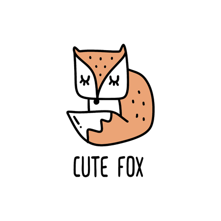 Vector cute little fox label. Poster and banner element, children's book illustration, postcard, gift card, print for t-shirt and more, sticker, label and other. Good for pin or badge. Isolated on white background.のイラスト素材