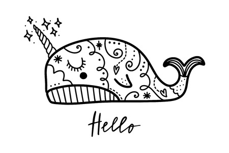 Vector patterned narwhal art. Poster and banner element, children's book illustration, postcard, gift card, print for t-shirt and more, sticker, label and other. Isolated on white background.のイラスト素材