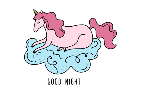 Vector sleeping unicorn on cloud. Poster and banner element, children's book illustration, postcard, gift card, print for t-shirt and more, sticker, label and other. Isolated on white background.のイラスト素材