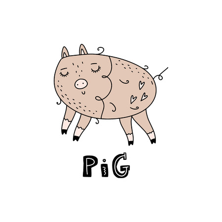Vector cute pig art. Poster and banner element, children's book illustration, postcard, gift card, print, sticker, label and other. Isolated on white background.のイラスト素材