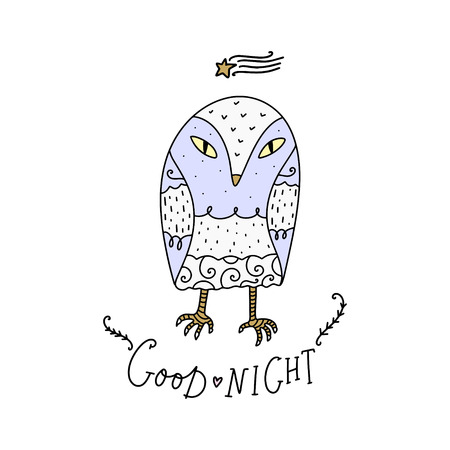 Vector cute little owl and lettering text Good night. Poster and banner element, children's book illustration, postcard, gift card, print for t-shirt and more, sticker, label and other. Isolated on white background.のイラスト素材