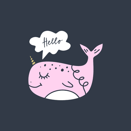 Vector cute narwhal art. Poster and banner element, children's book illustration, postcard, gift card, print for t-shirt and more, sticker, label and other. Isolated on white background.のイラスト素材