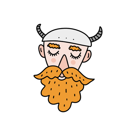 Cute viking cartoon character, scandinavian style. Vector illustration. Can be used for poster and banner, children's book illustration, postcard, gift card, print for t-shirt, sticker, label and other. Isolated on white background.のイラスト素材