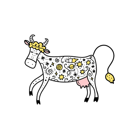 Vector cute running space cow art, cartoon style. Poster and banner element, children's book illustration, postcard, gift card, print for t-shirt and more, sticker, label and other. Isolated on white background.のイラスト素材