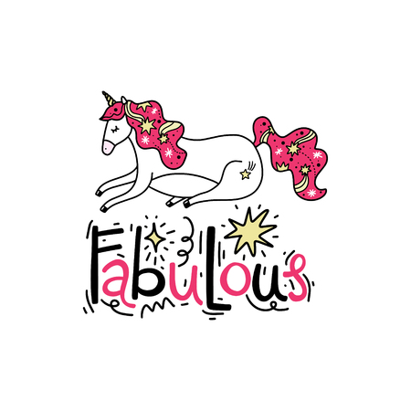 Hand lettered Fabulous text, handwriting, lettering. Unicorn art. Stylish print for posters, clothes and other. Vector illustration.のイラスト素材