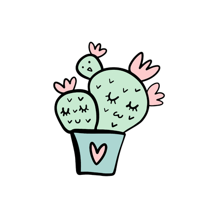 Cute cartoon cactus character and little cacti vector illustration.のイラスト素材