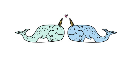 Vector cute narwhals couple in love. Poster and banner element, children's book illustration, postcard, gift card, print for t-shirt and more, sticker, label and other. Isolated on white background.のイラスト素材