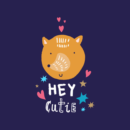 Vector and jpg image, clipart, editable isolated details. Hey cutie text. Fox head cute art, baby stylish illustration, unique print for posters, cards, mugs, clothes and other.のイラスト素材
