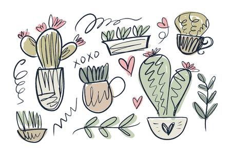 Hand drawn set of different cactus and succulents. Vector illustrations.のイラスト素材
