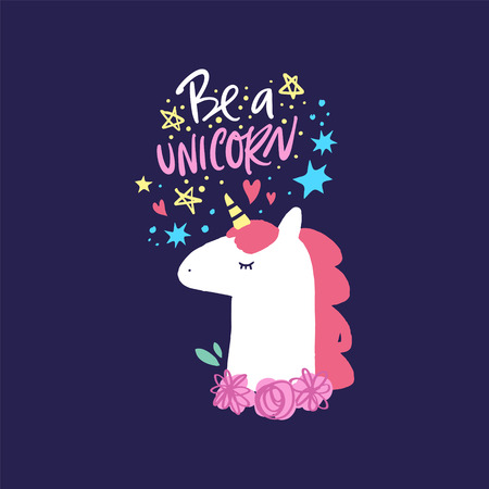 Vector and jpg image, clipart, editable isolated details. Unicorn head cute art, baby stylish illustration, unique print for posters, cards, mugs, clothes and other.のイラスト素材