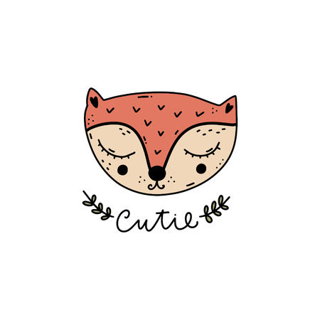 Vector cute girl fox face art. Poster and banner element, children's book illustration, postcard, gift card, print for t-shirt and more, sticker, label and other. Isolated on white background.のイラスト素材