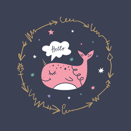 Vector and jpg image, clipart, editable isolated details. Little girl narwhal and frame, baby illustration, unique print for posters, cards, mugs, clothes and other.のイラスト素材