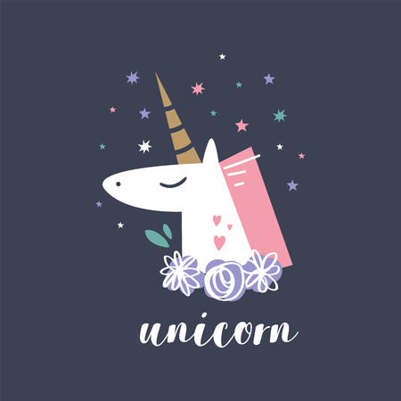 Greeting card with cute cartoon unicorn. Vector illustration.のイラスト素材