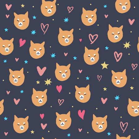 Vector shiba inu dog and hearts pattern, puppy face illustration.のイラスト素材