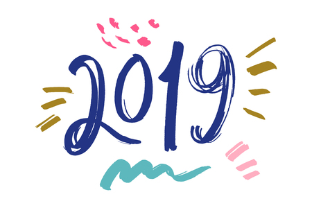 Happy New Year holiday hand drawn postcard. Greeting card with inscription 2019. Memphis style, bright colors. Holiday background, banner and poster. Vector Illustration.のイラスト素材