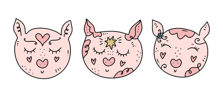 Vector hand drawn funny cute different pigs illustrations set. Poster and banner elements, children's book illustrations, prints, stickers and other. Isolated on white background.のイラスト素材