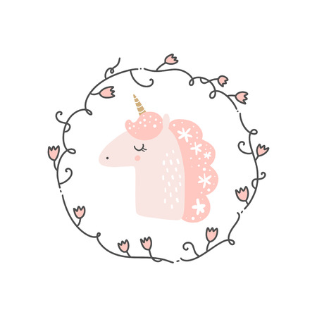 Vector unicorn card with floral decor elements, frame on the white background. Beautiful inspirational nursery art.のイラスト素材