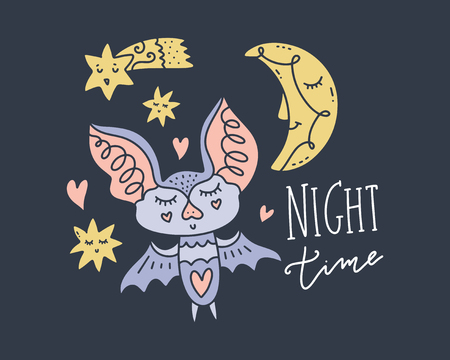 Pretty little girl bat, moon and stars. Cute night time collection. Hand drawn set of different elements. Lettering phrase. Vector illustrations.のイラスト素材