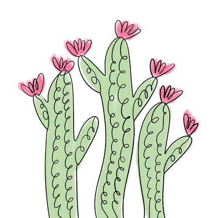 Hand drawn cacti art. Unique stylish modern painting, light colors abstract poster, room decor. Vector Illustration, clipart.のイラスト素材