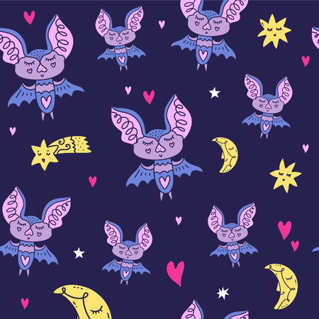 Cute pattern with bats, moon and stars. Good night nursery theme. Hand drawn set of different elements. Vector, clipart and jpg.のイラスト素材