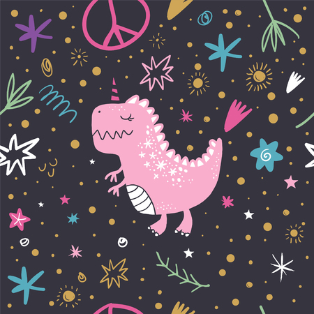Vector doodle pattern, cute dinosaur art. Textile or wrapping paper design., nursery wallpaper. Textile or wrapping paper design.のイラスト素材