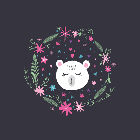 Vector cute polar bear in the flowers, editable isolated details. Baby stylish illustration, nursery wallpaper.のイラスト素材