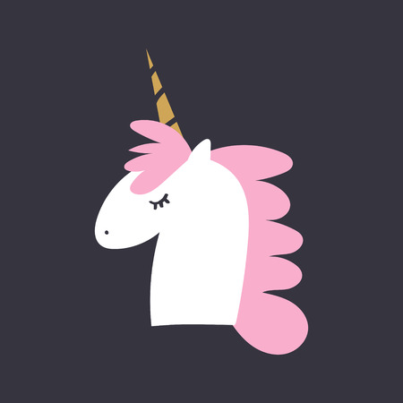 Cute cartoon flat unicorn face, baby stylish illustration, unique print for posters, cards, mugs, clothes and other. Vector and jpg image, clipart.のイラスト素材