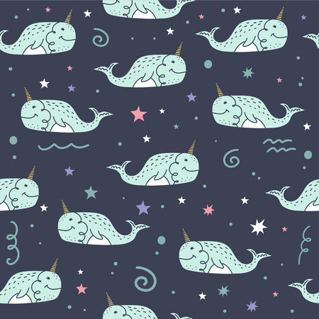 Vector space whales doodle pattern, narwhals art, nursery wallpaper. Textile or wrapping paper design.の写真素材