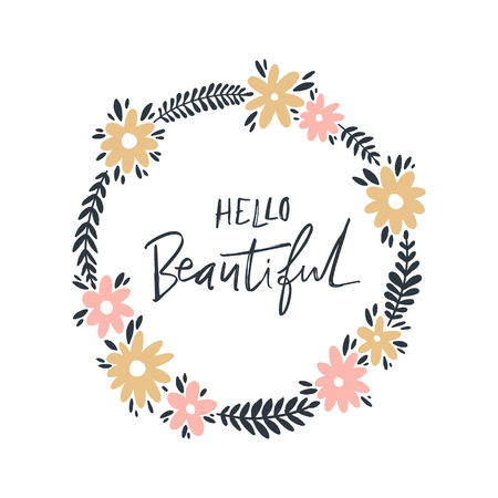 Lettering bodypositive text and floral frame. It can be used as a greeting card, print and poster. Vector illustration.のイラスト素材