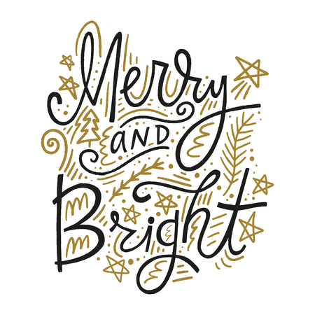 Christmas hand drawn lettering holiday image. Merry and bright text with design decorative elements. It can be used as a greeting card, print and poster.のイラスト素材