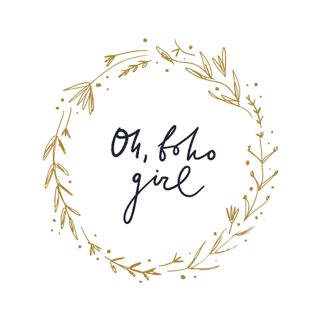 Vector boho floral frame and sign. Girly lettering. Single image on white background, template.のイラスト素材