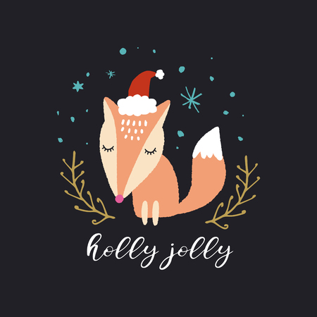 Vector cute Santa fox. Merry Christmas, Holly Jolly. Nursery holiday illustration. It can be used for wall art, greeting card, poster, kids apparel.のイラスト素材