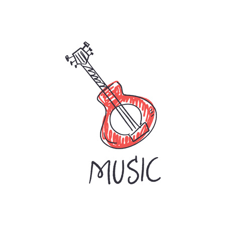 Music festival vector illustration, guitar art and lettering text. Hand drawn banner, poster, postcard or t-shirt print. Logo and label.のイラスト素材